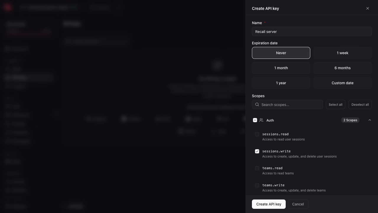 The create API key drawer with the required scopes selected