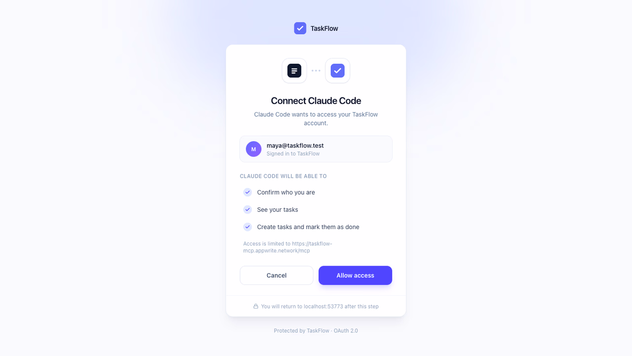 TaskFlow's consent screen showing a request from Claude Code