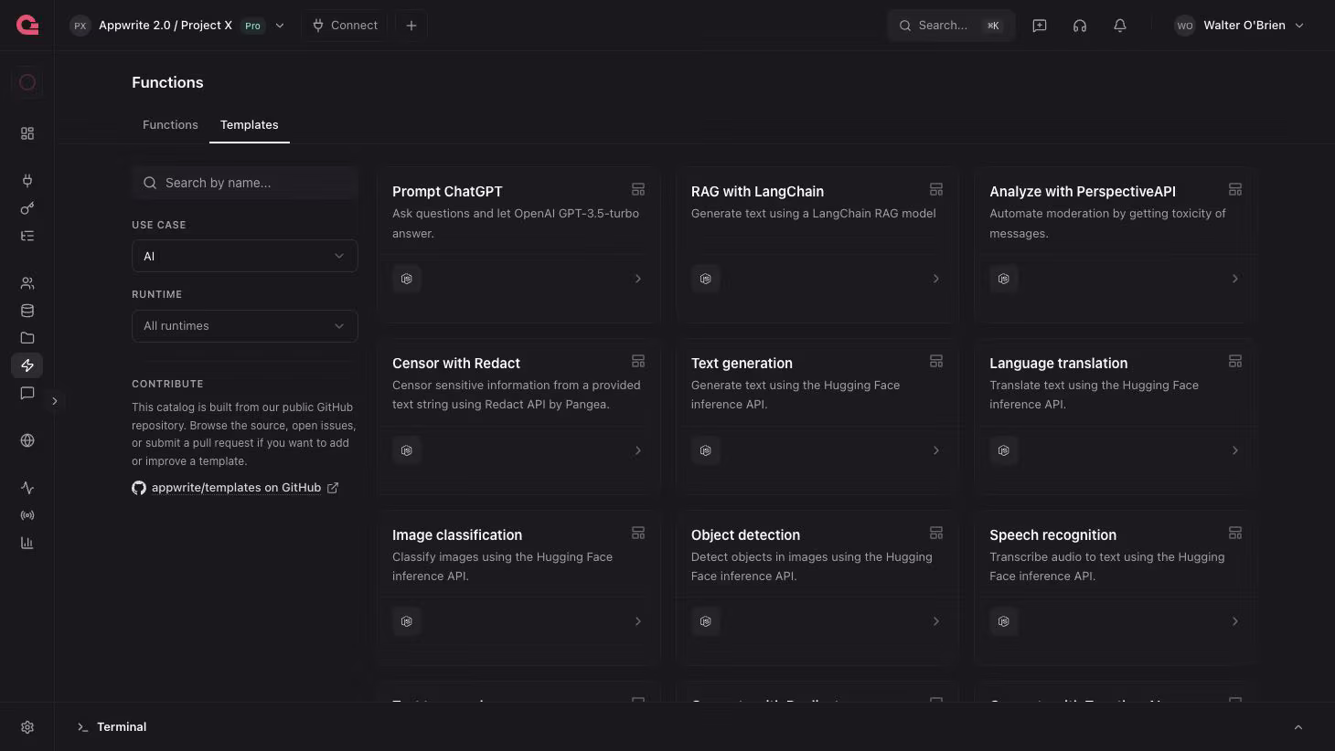 Appwrite console with AI template functions