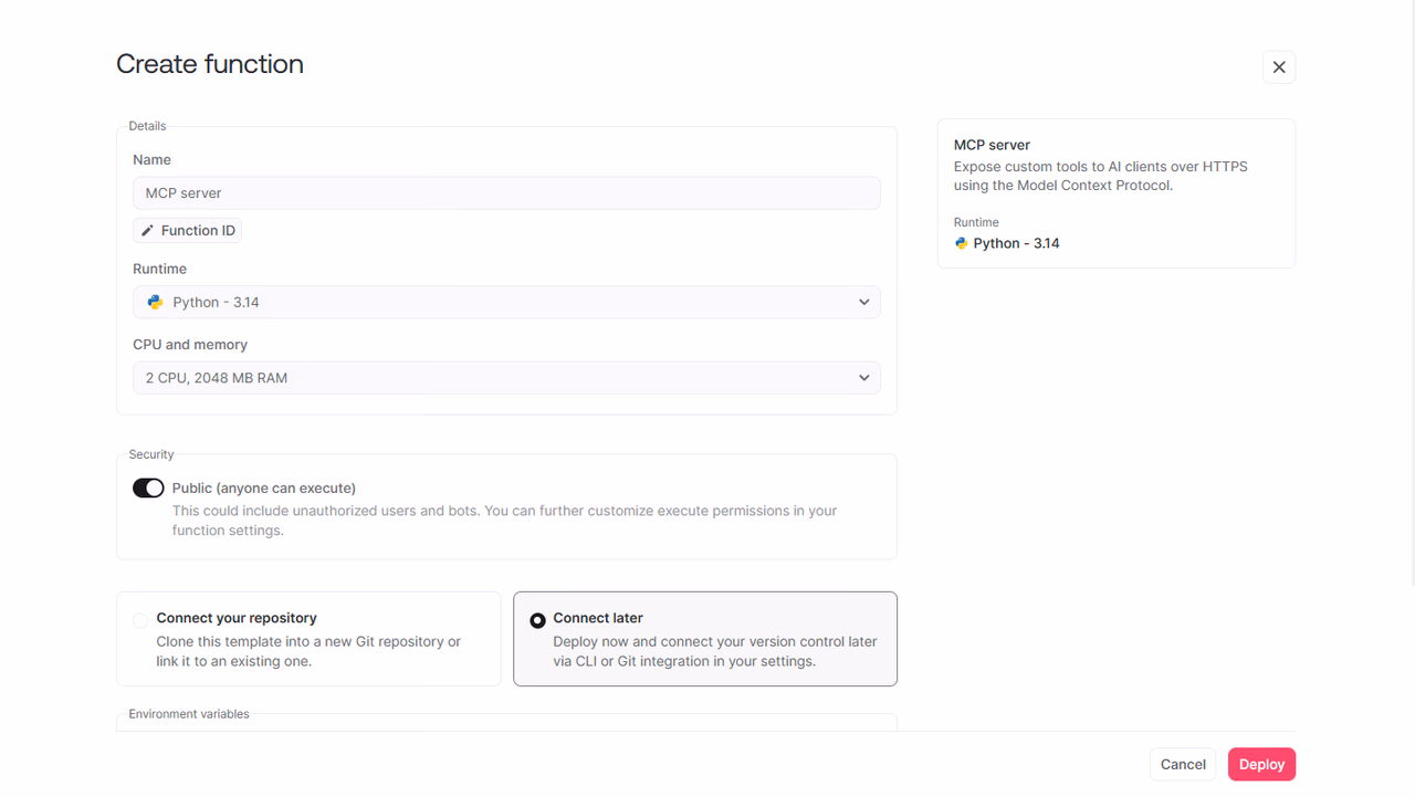 Appwrite MCP server Function template