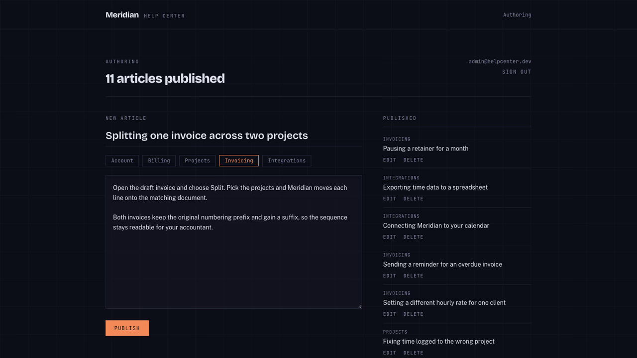 The authoring screen with a draft article and the published list