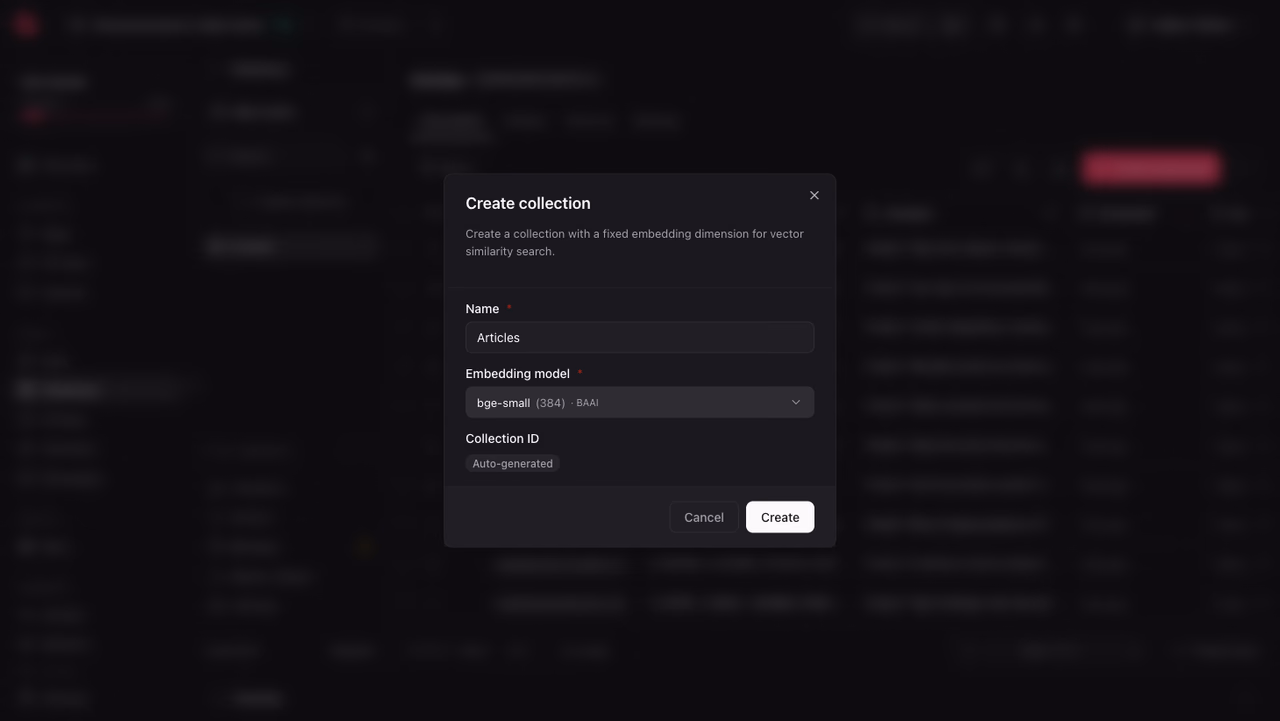 The create collection dialog with the all-minilm embedding model selected