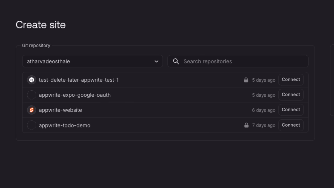 Connecting your GitHub repository to Appwrite Sites