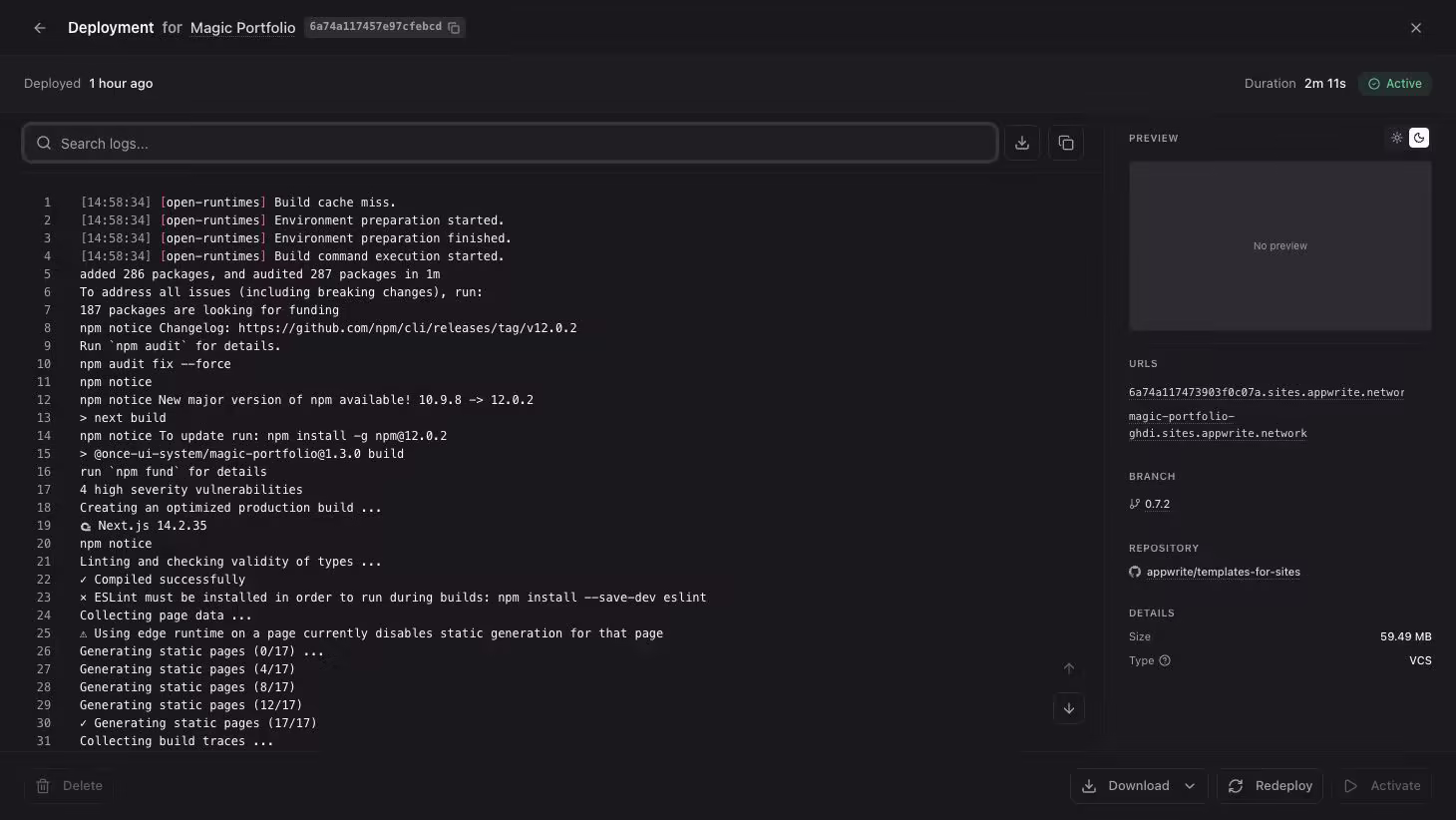 Deployment logs