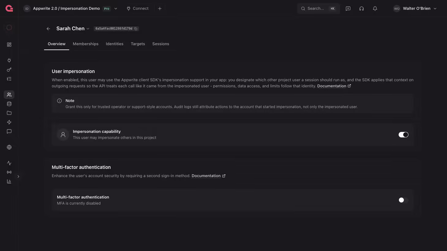 Impersonator toggle enabled for Sarah Chen
