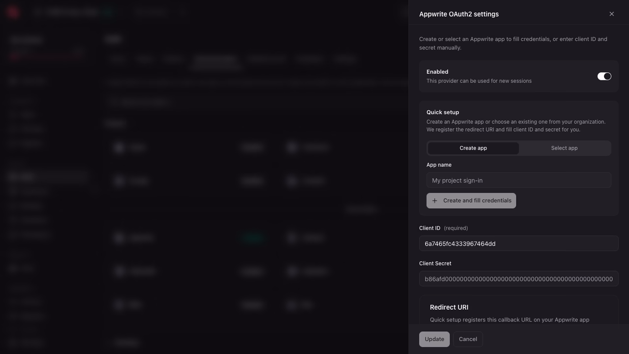 Appwrite OAuth2 settings dialog with Quick setup