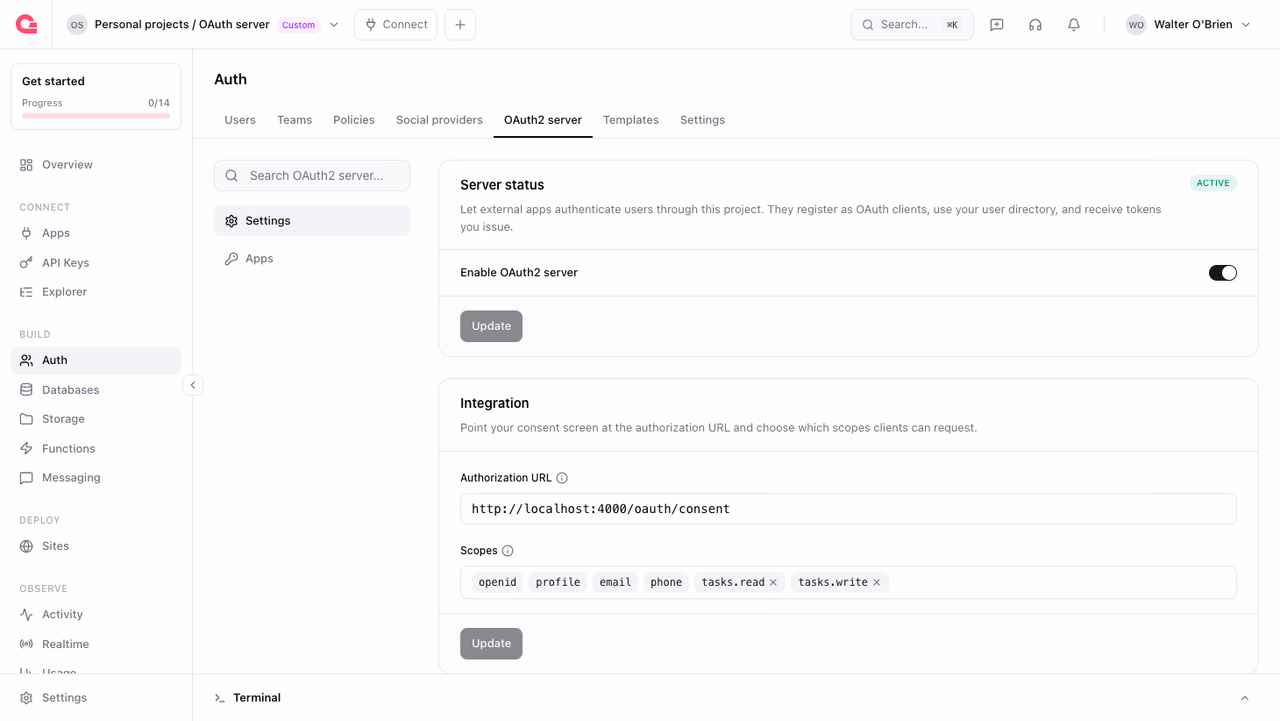 The tasks.read and tasks.write scopes on the OAuth2 server settings