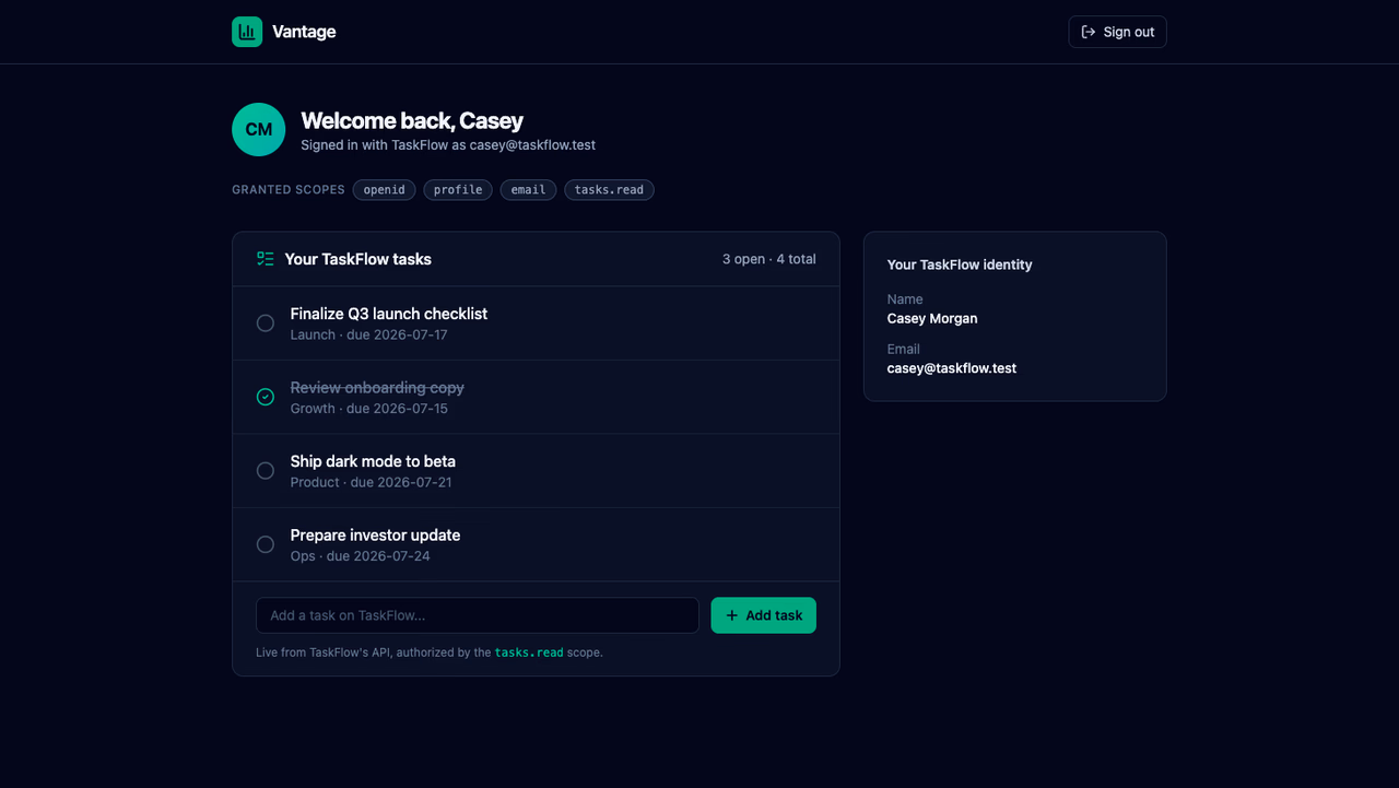 Vantage dashboard showing live TaskFlow tasks and the task composer