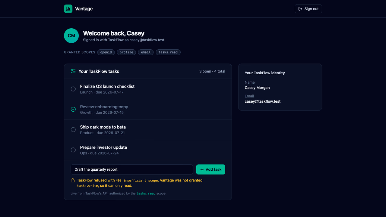 Vantage dashboard with the write attempt refused as insufficient_scope