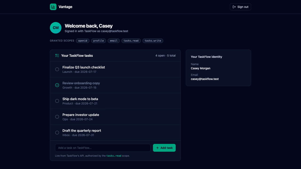 Vantage dashboard with tasks.write granted and the new task in the list