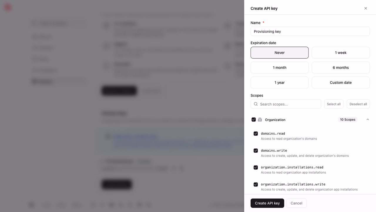 Create API key panel with scopes selected