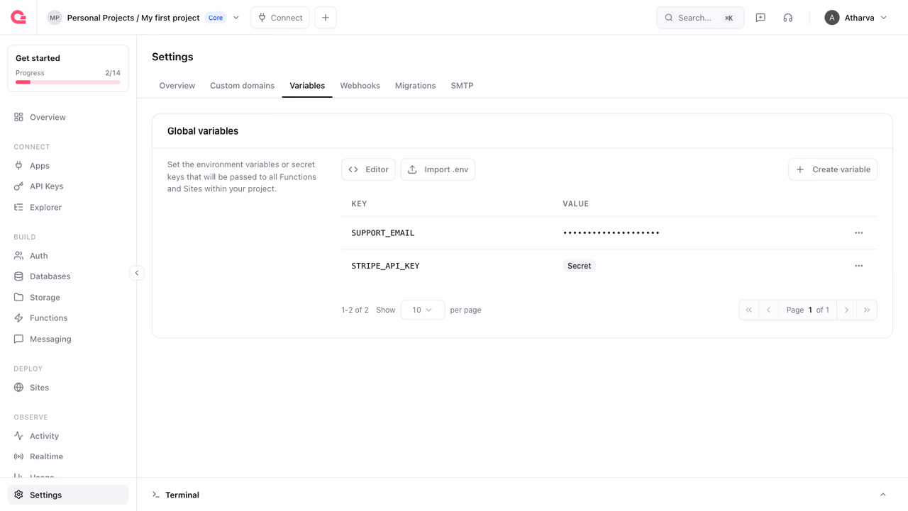 Project Global variables in the Appwrite Console