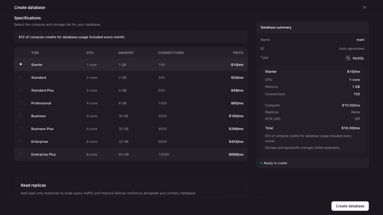 Selecting a specification