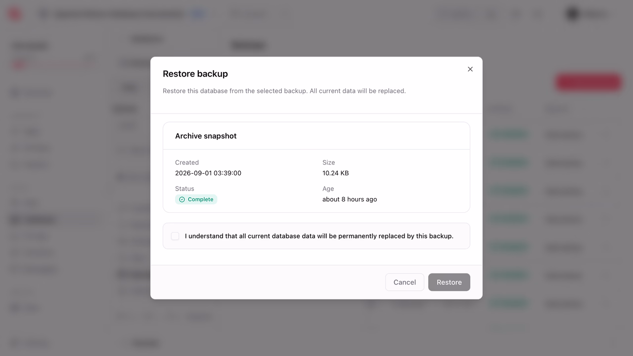 Restore backup confirmation dialog