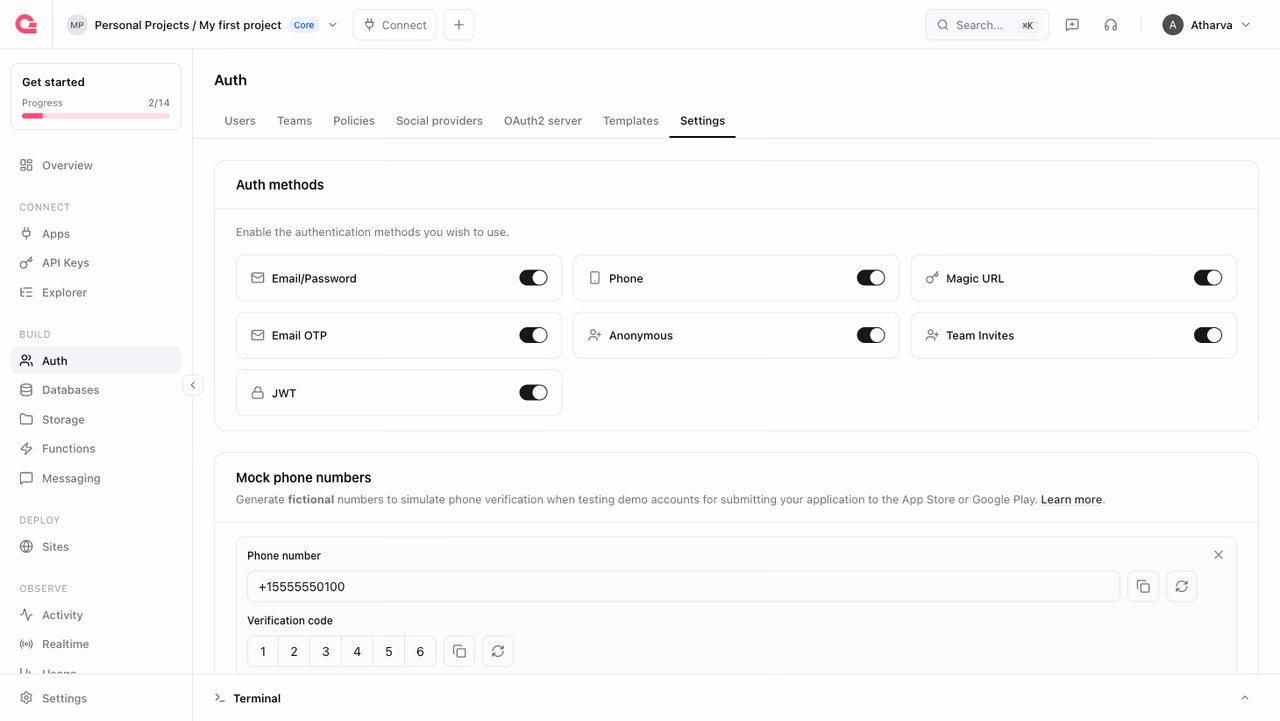 Auth methods settings in the Appwrite Console