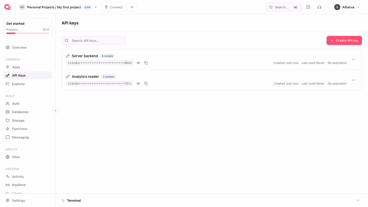 Project settings screen