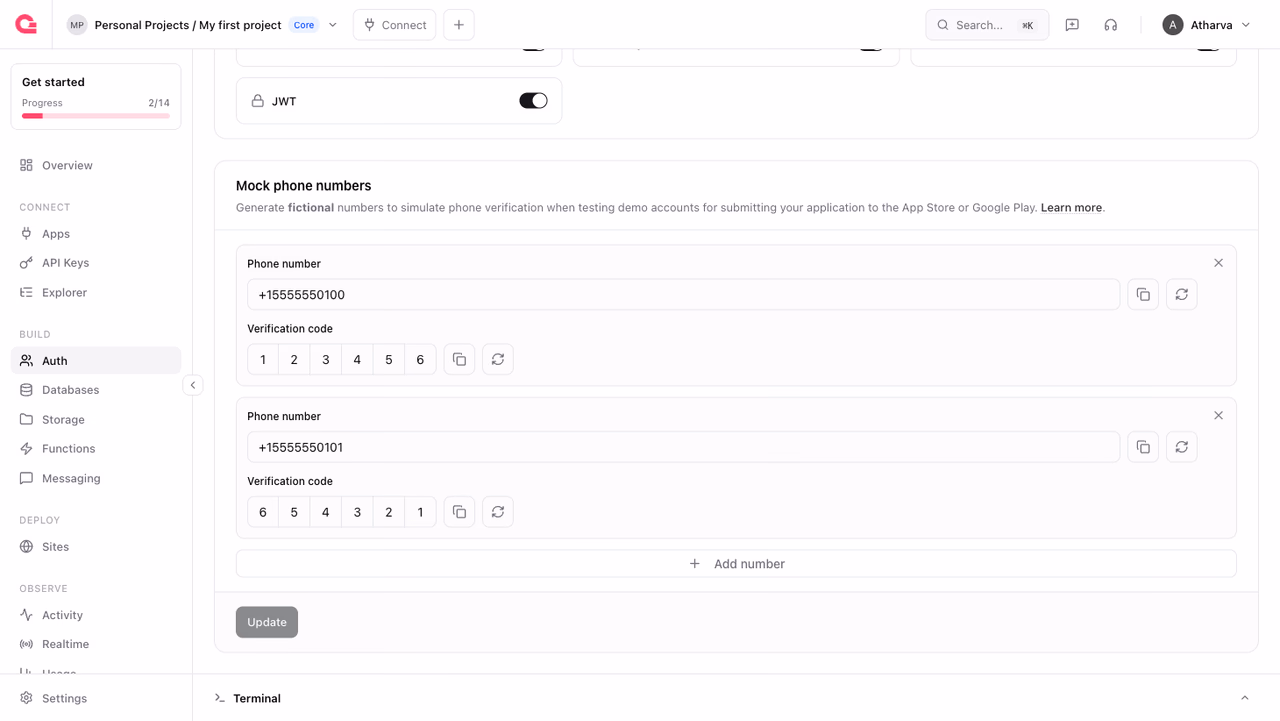 Mock phone numbers settings in the Appwrite Console