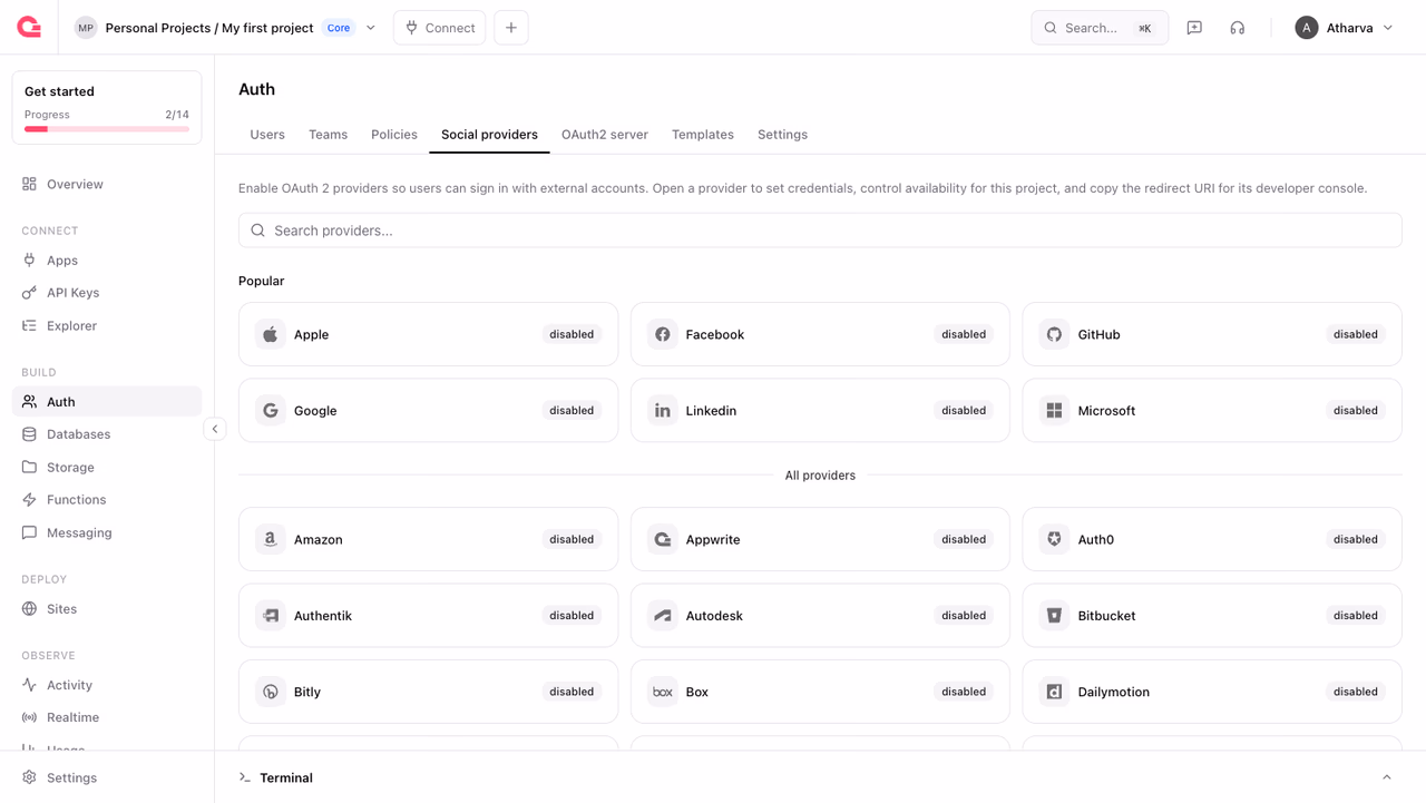 OAuth2 providers in the Appwrite Console