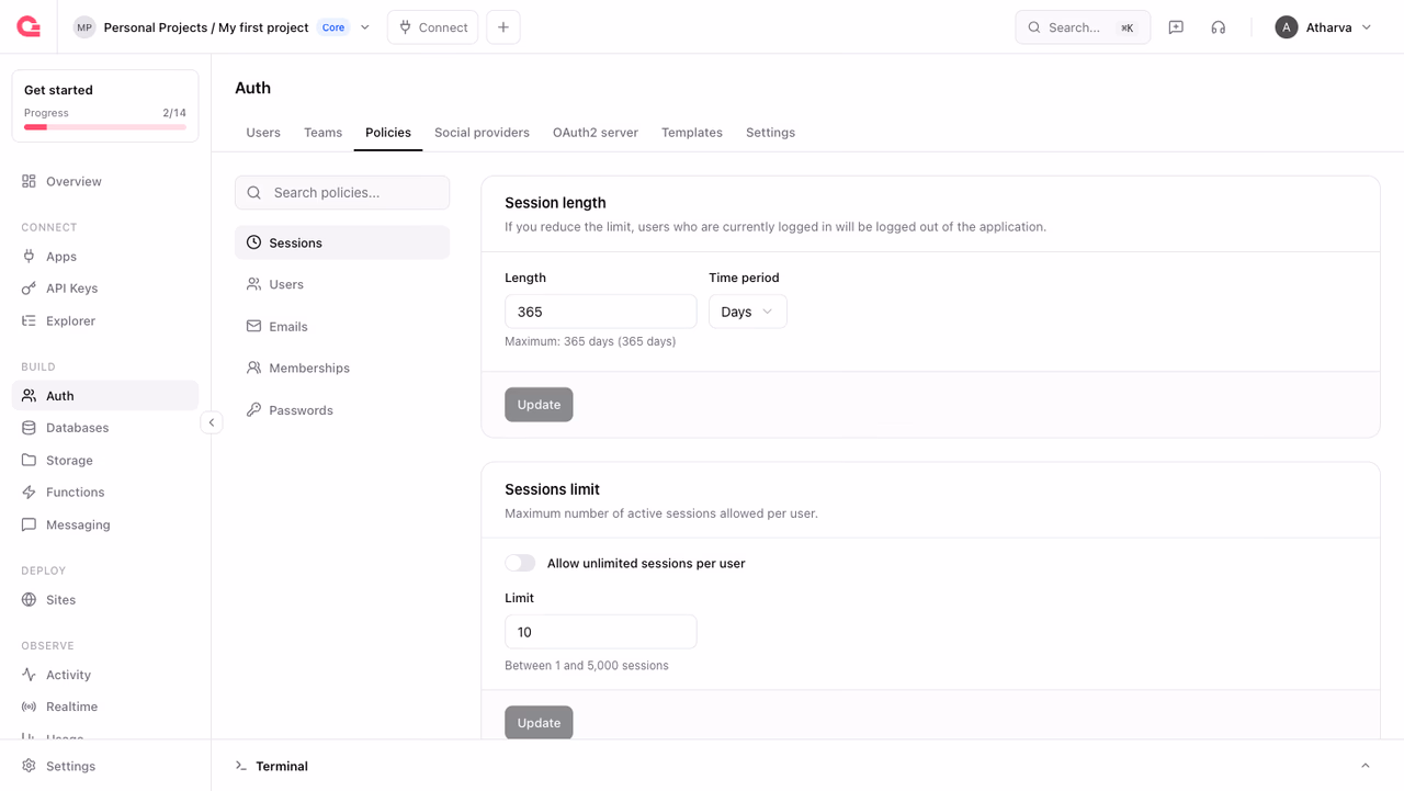 Project policies in the Appwrite Console