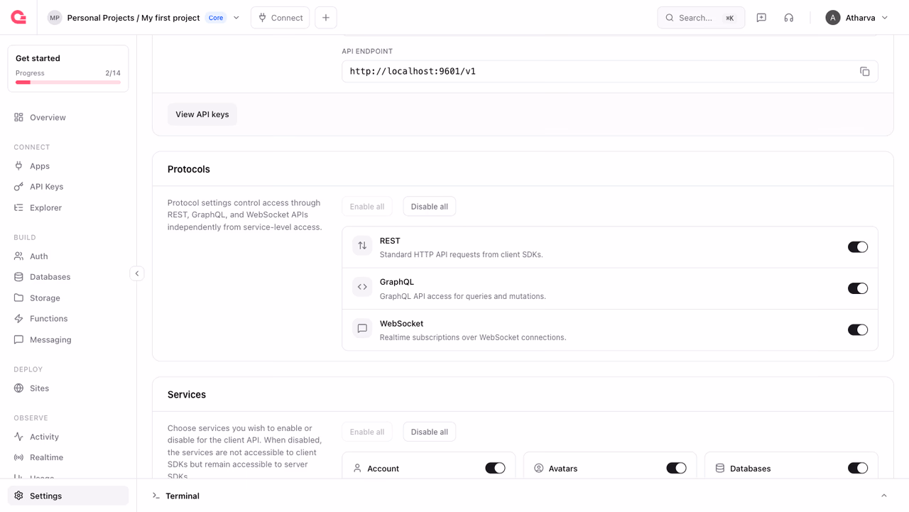 Project protocols in the Appwrite Console