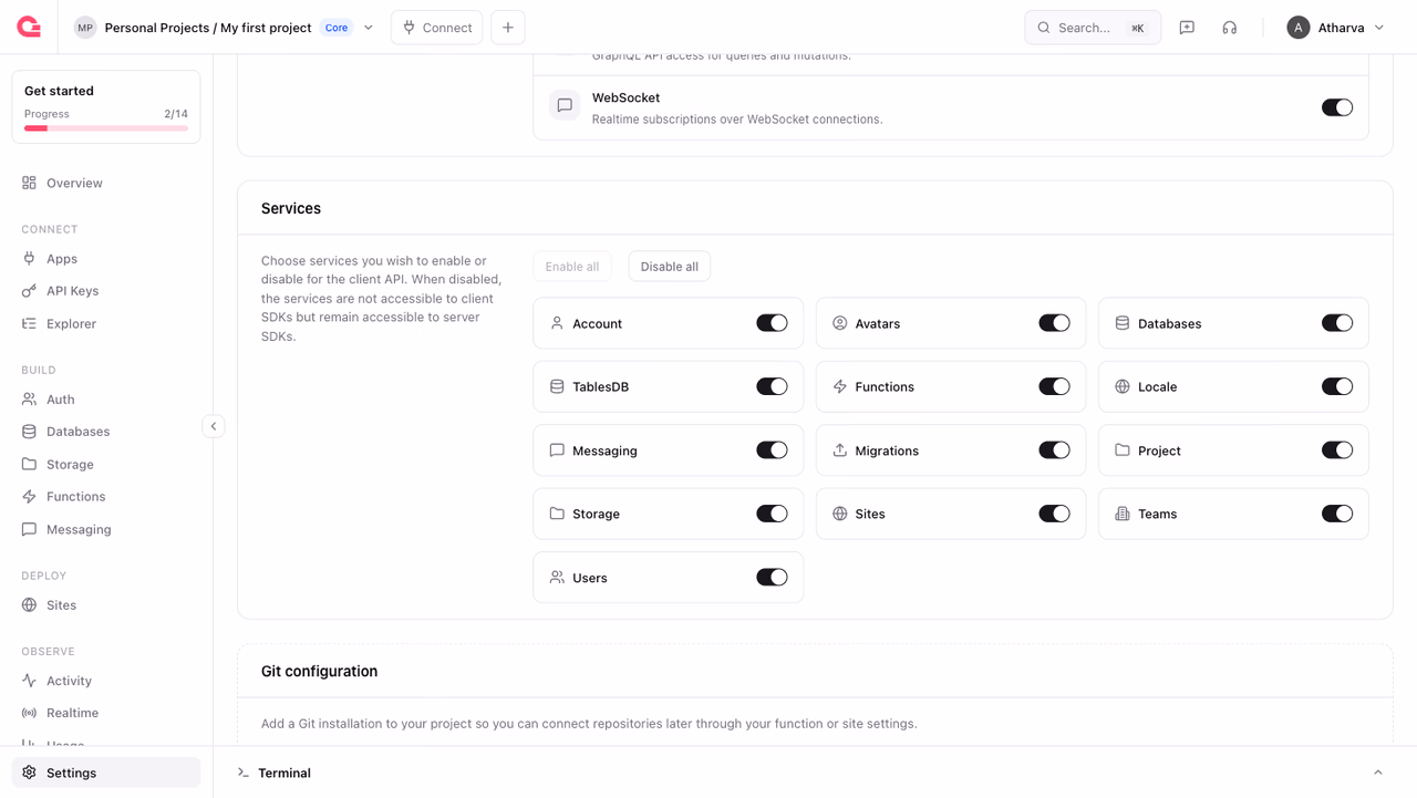 Project services in the Appwrite Console