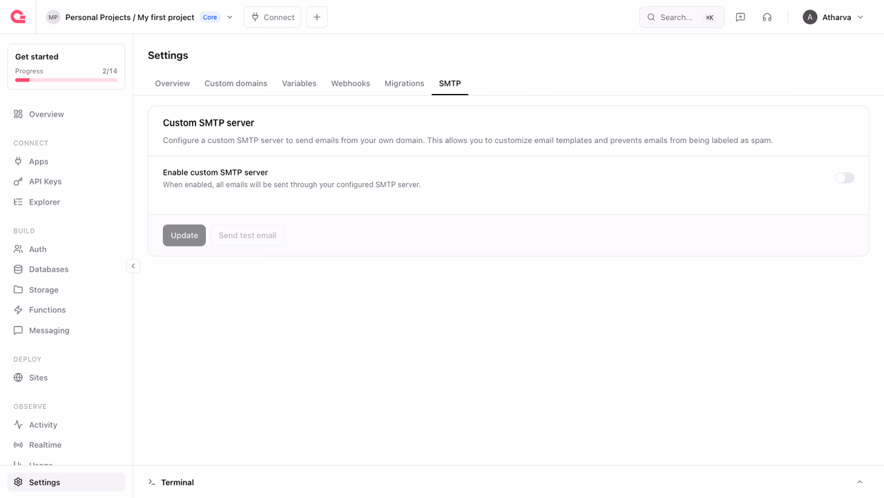 SMTP settings in the Appwrite Console