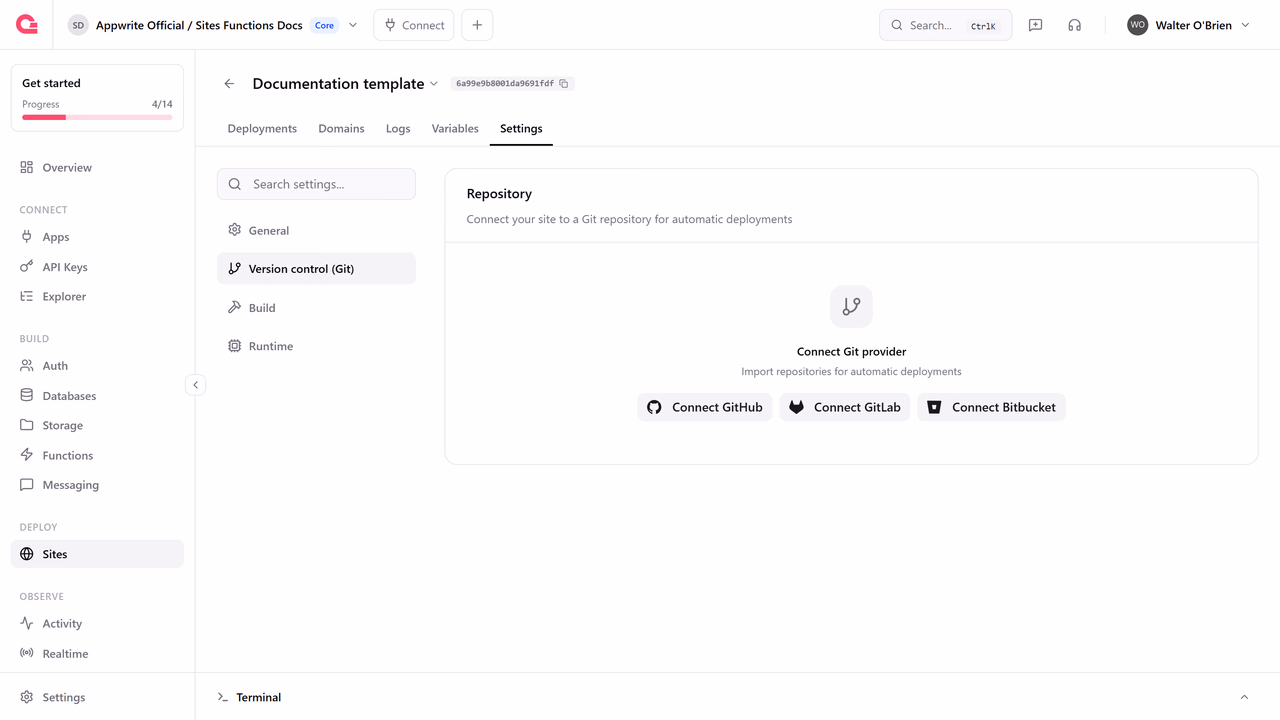 The Version control settings of a Site with Connect GitHub, Connect GitLab, and Connect Bitbucket buttons