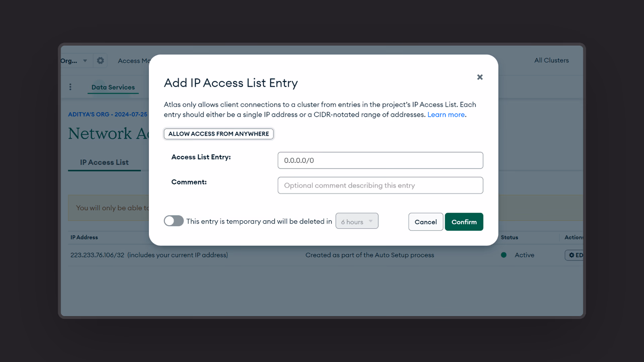 MongoDB Atlas network access